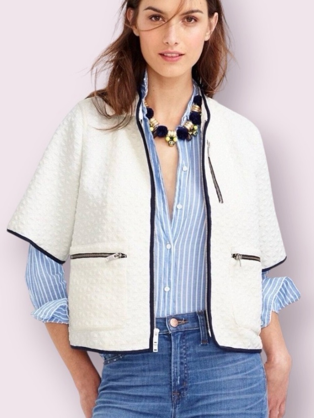 J. Crew Cropped Matelasse Short Sleeve Textured Jacket White & Black Size XS